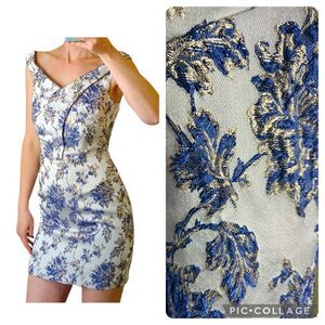 Adelyn Rae floral jacquard cocktail mini dress blue silver cornflower size Small